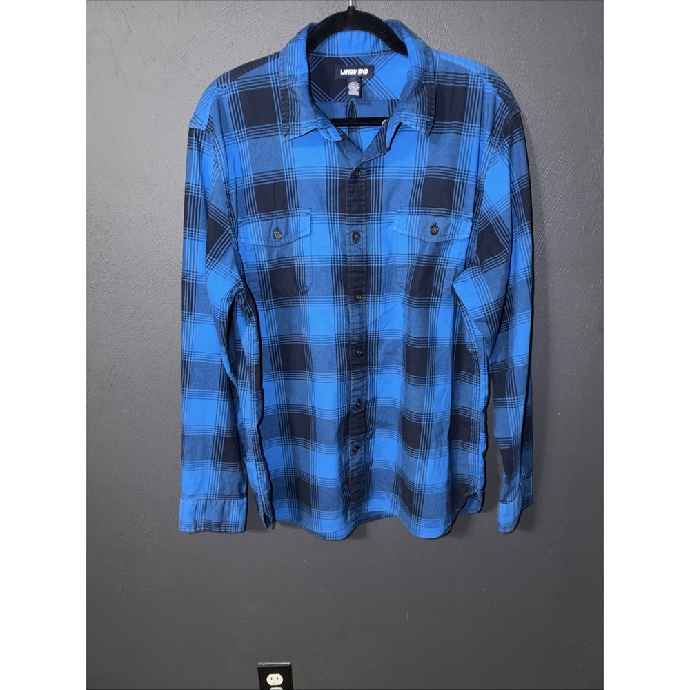 Lands End Flannel Shirt Tailored Fit Large Blue Plaid Button Down Casual Cotton